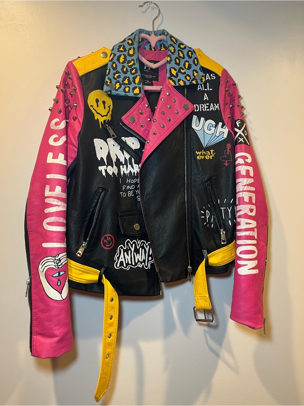 Girls' Colorblock Studded Faux Leather Biker Jacket - Black, Pink & Yellow